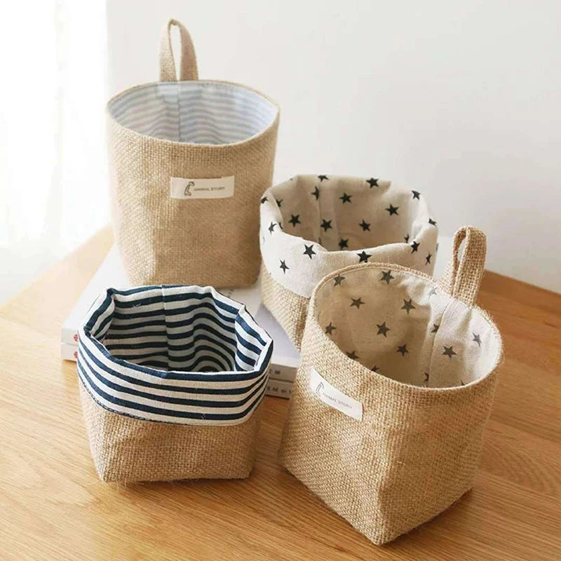 Cotton Linen Storage Basket Hanging Pocket Jute Bag