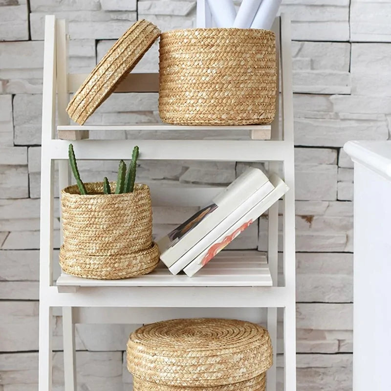 3-Piece Handmade Woven Storage Basket Set with Lids